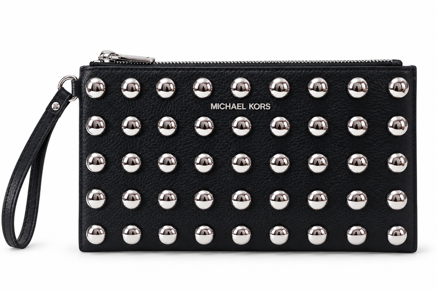bolso de mano obscuro con detalles dorados mk