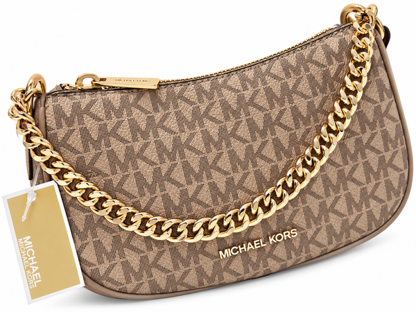 Bolsa tipo cross cafe con correa dorada mk