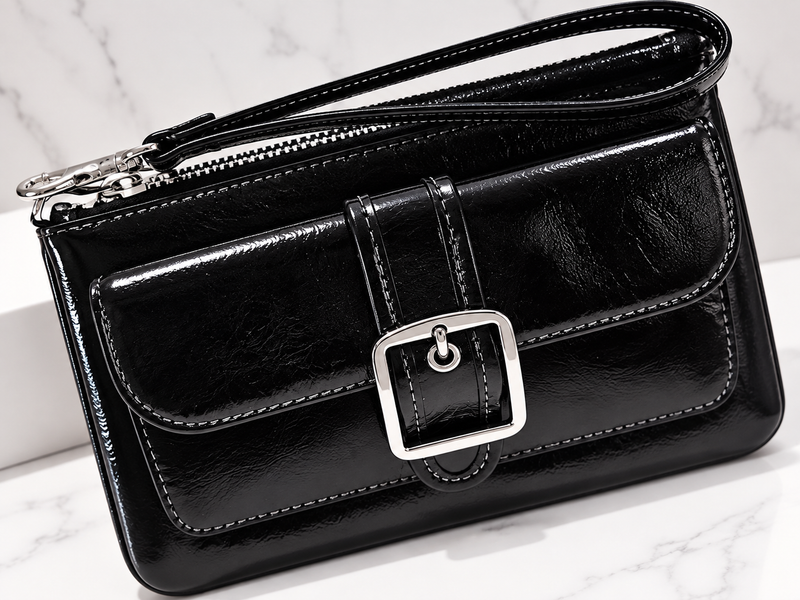 Hermosa cartera de mano para dama negra con correa y broche plateado