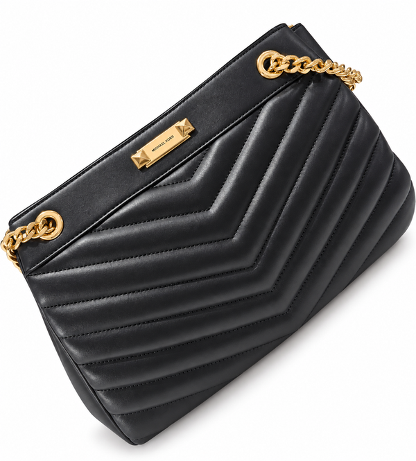 bolsa de hombro obscura con correa dorada mk