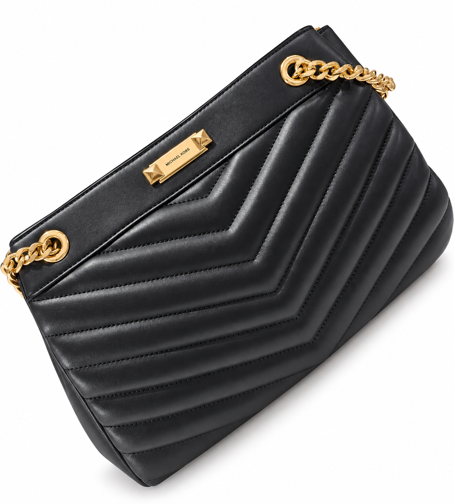 bolsa de hombro obscura con correa dorada mk
