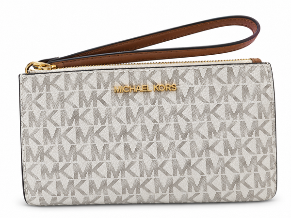 cartera de mano blanca con cafe mk