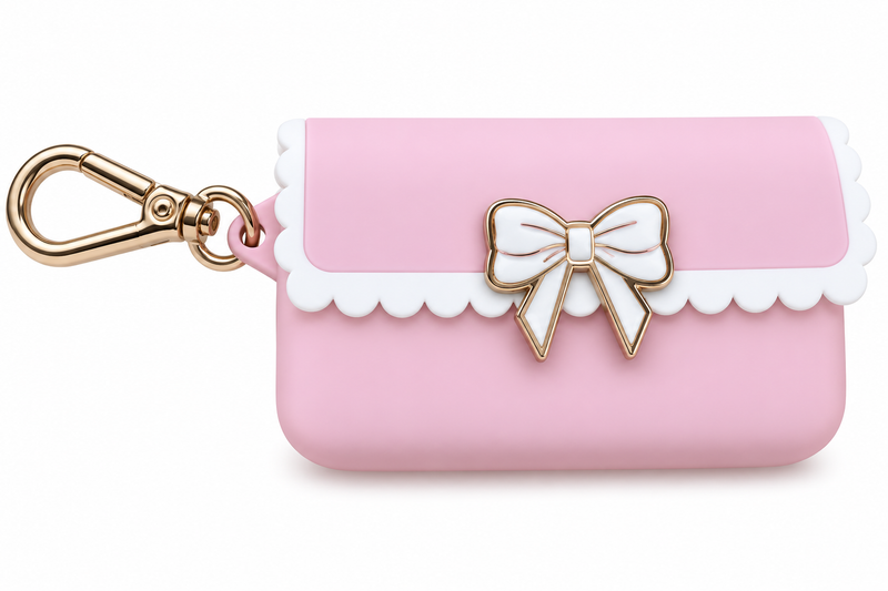 llavero en forma bolsita rosa con moño