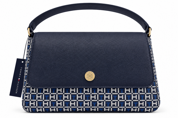 bolsa tipo cross tommy azul con blanco