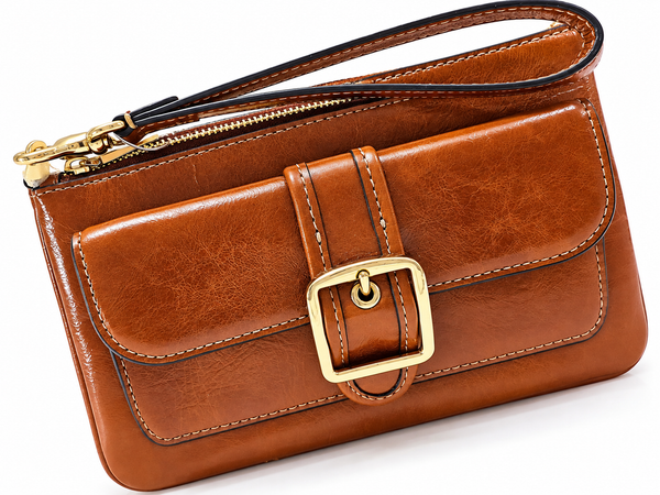 Hermosa cartera de mano para dama cafe con correa y broche dorado