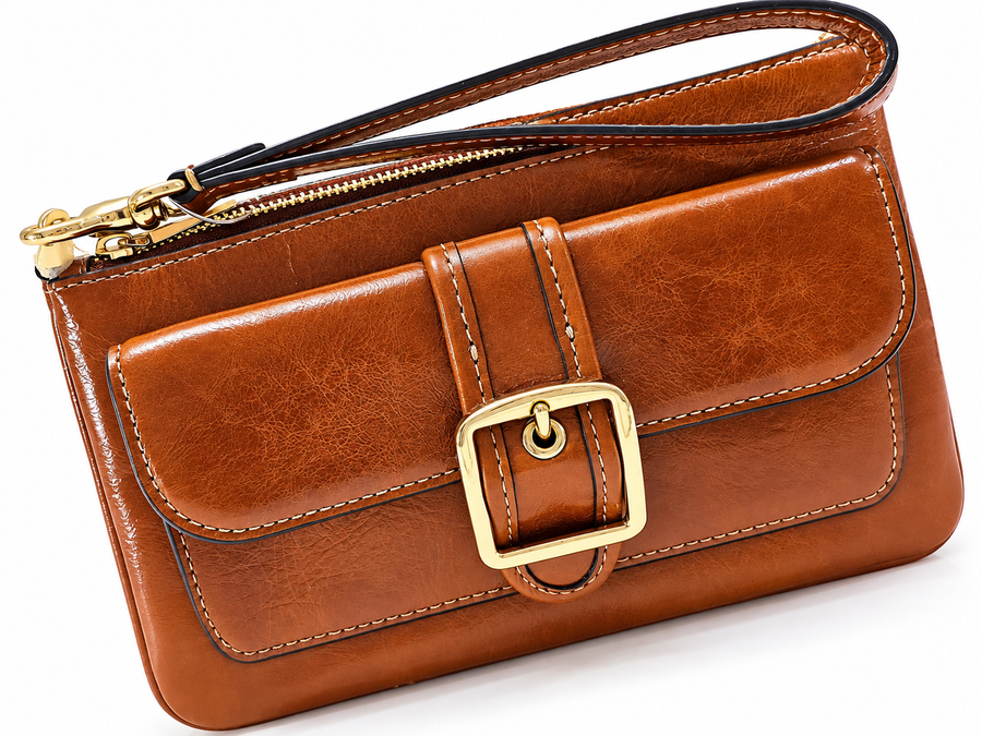 Hermosa cartera de mano para dama cafe con correa y broche dorado