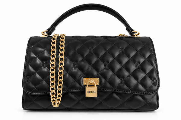 bolsa tipo cross negra con correa dorada guess