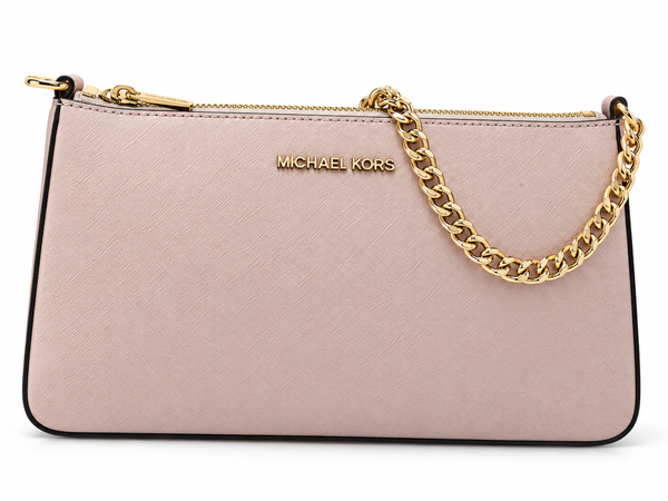 bolsa rosa pastel tipo cross con correa dorada mk